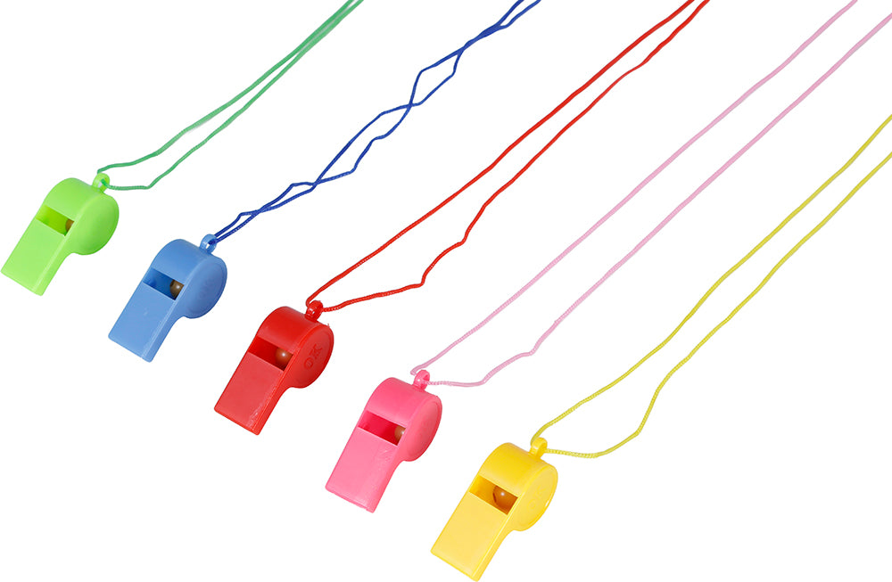 4 ASSORTED WHISTLES WITH STRING