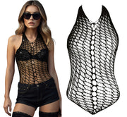 BLACK FISHNET BODYSUIT WITH RHINESTONES, ADULT