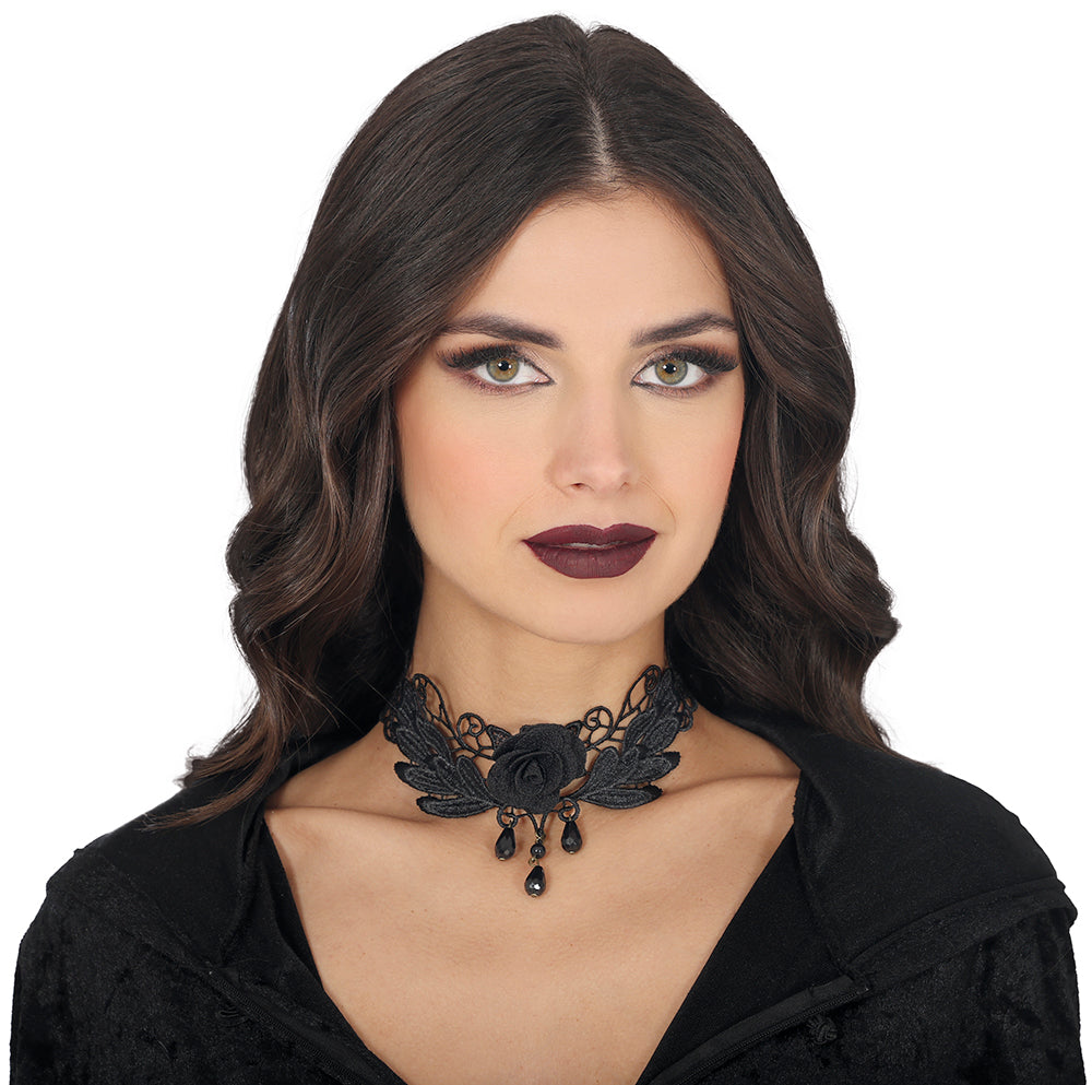 BLACK ROSE EMBROIDERED CHOKER