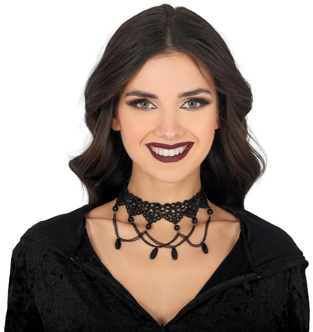 BLACK EMBROIDERED CHOKER WITH BEADS
