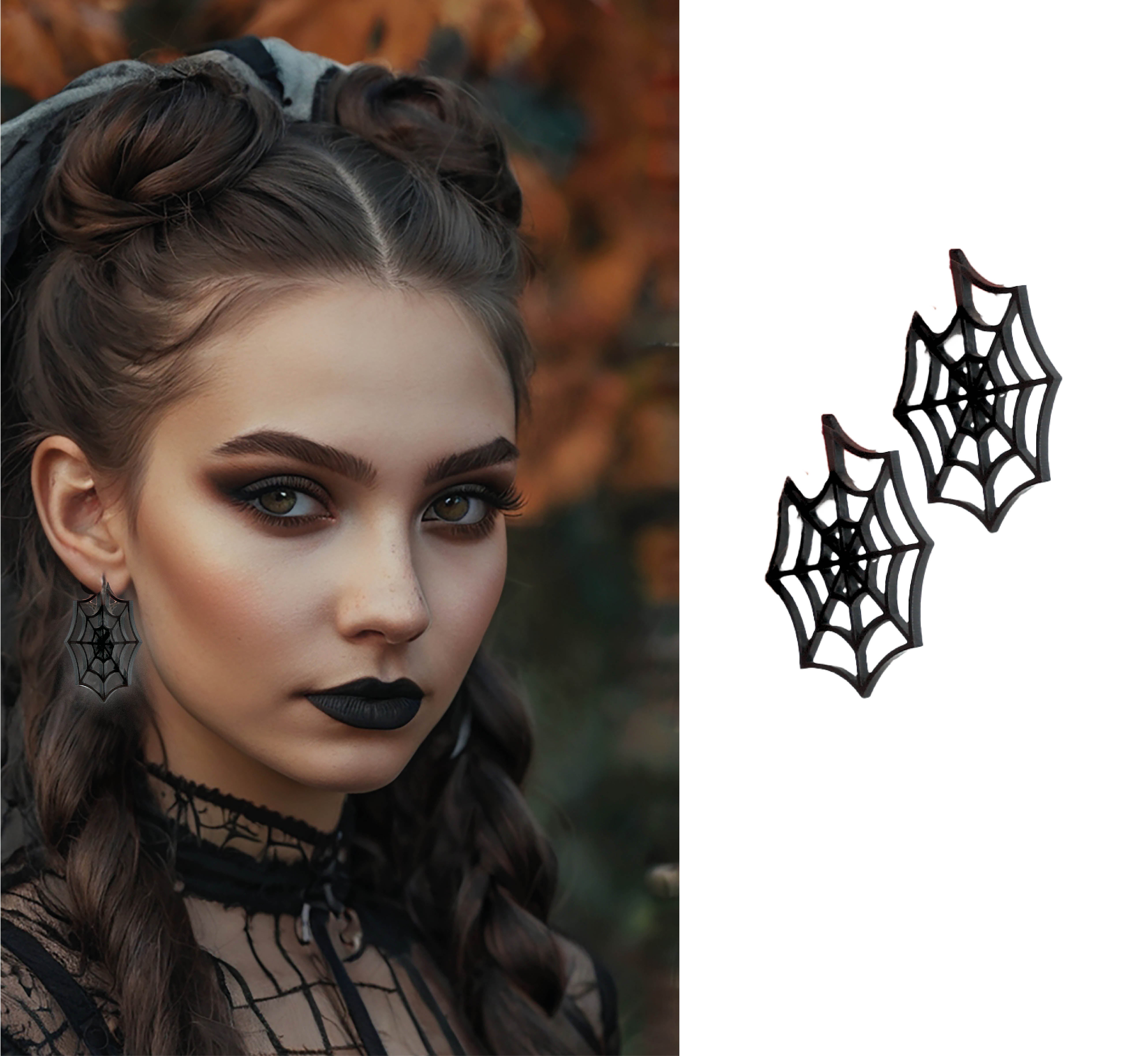 BLACK SPIDERWEB EARRINGS, 5 CM