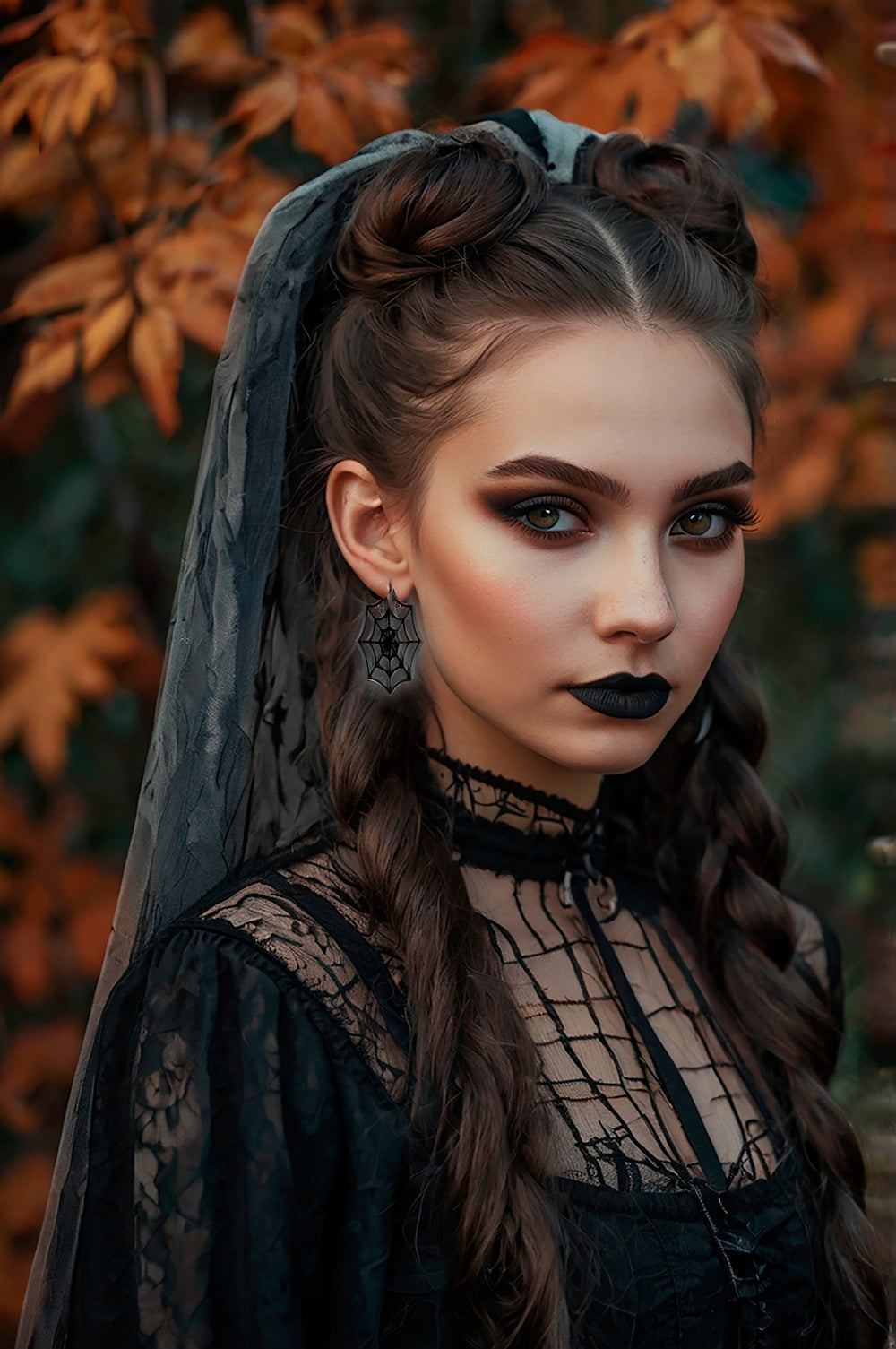 BLACK SPIDERWEB EARRINGS, 5 CM