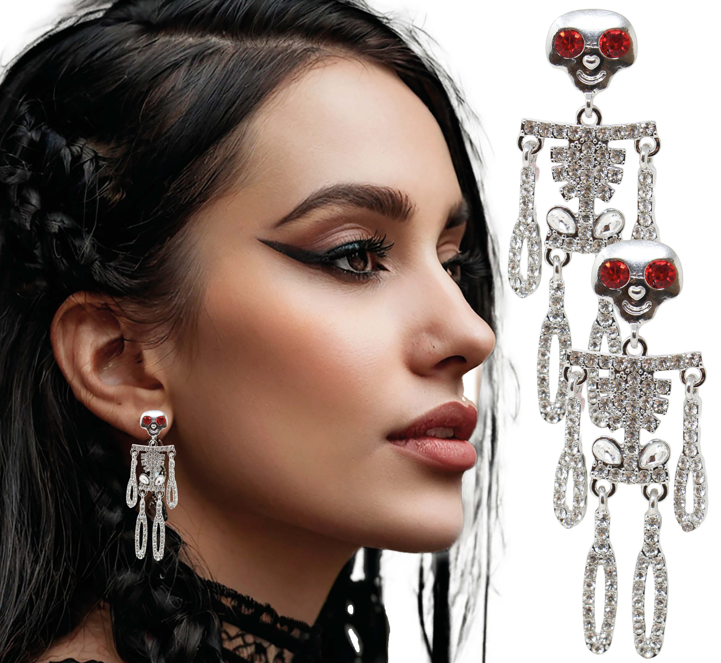 SPARKLING SKELETON EARRINGS SILVER, 6.5 CM