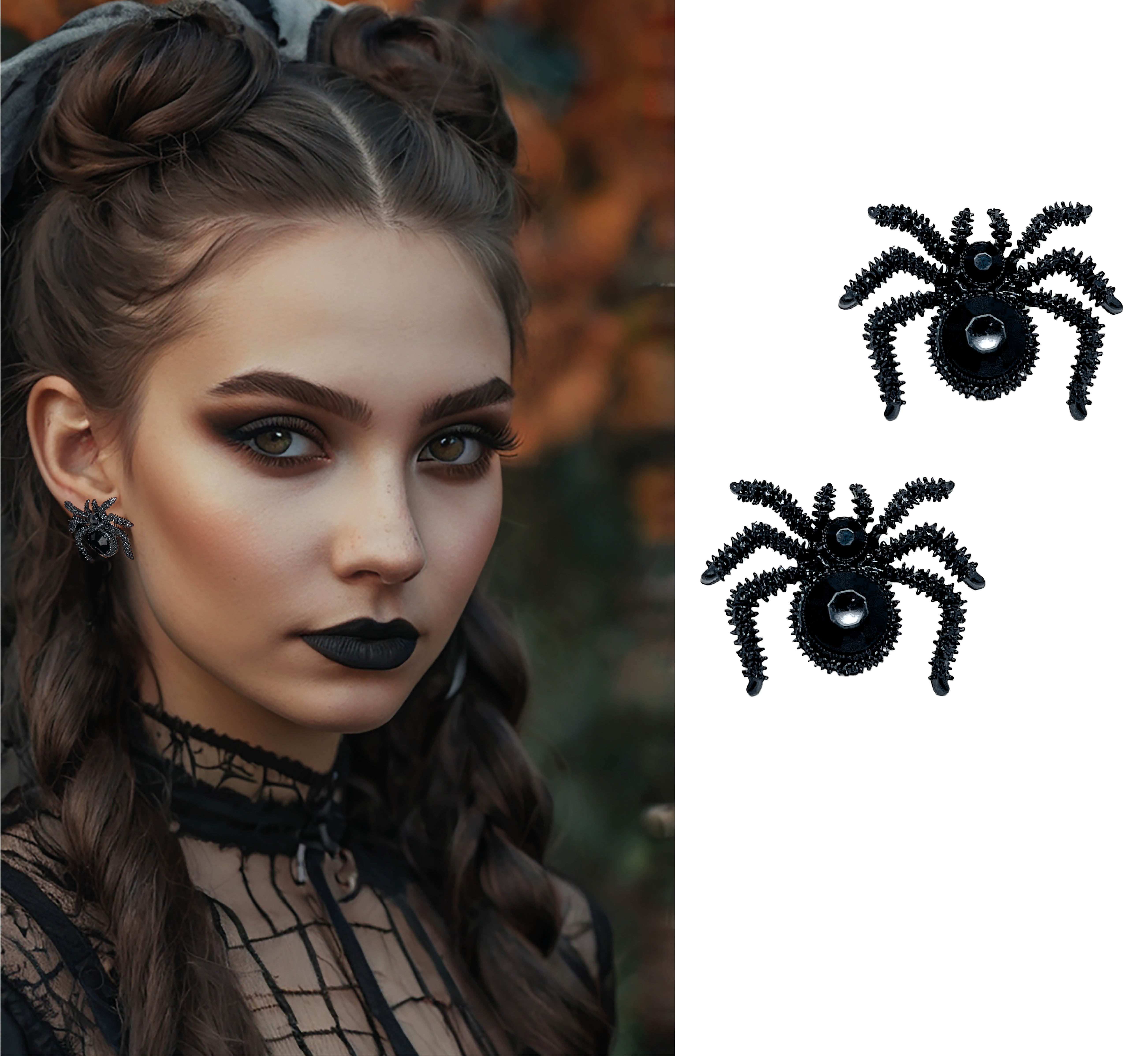 BLACK SPIDER EARRINGS, 2.5 CM