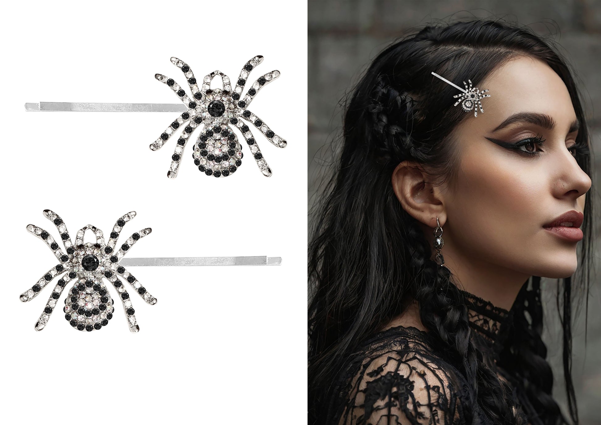 SET OF 2 SPARKLING SILVER SPIDER HAIR CLIPS, 7.5 C