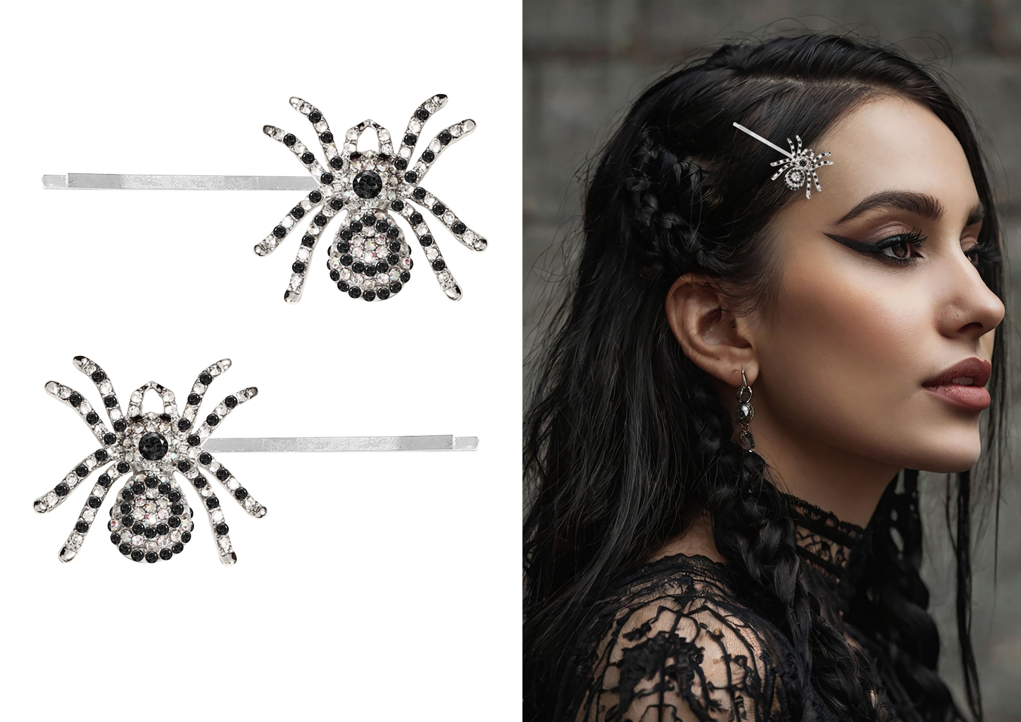 SET OF 2 SPARKLING SILVER SPIDER HAIR CLIPS, 7.5 C