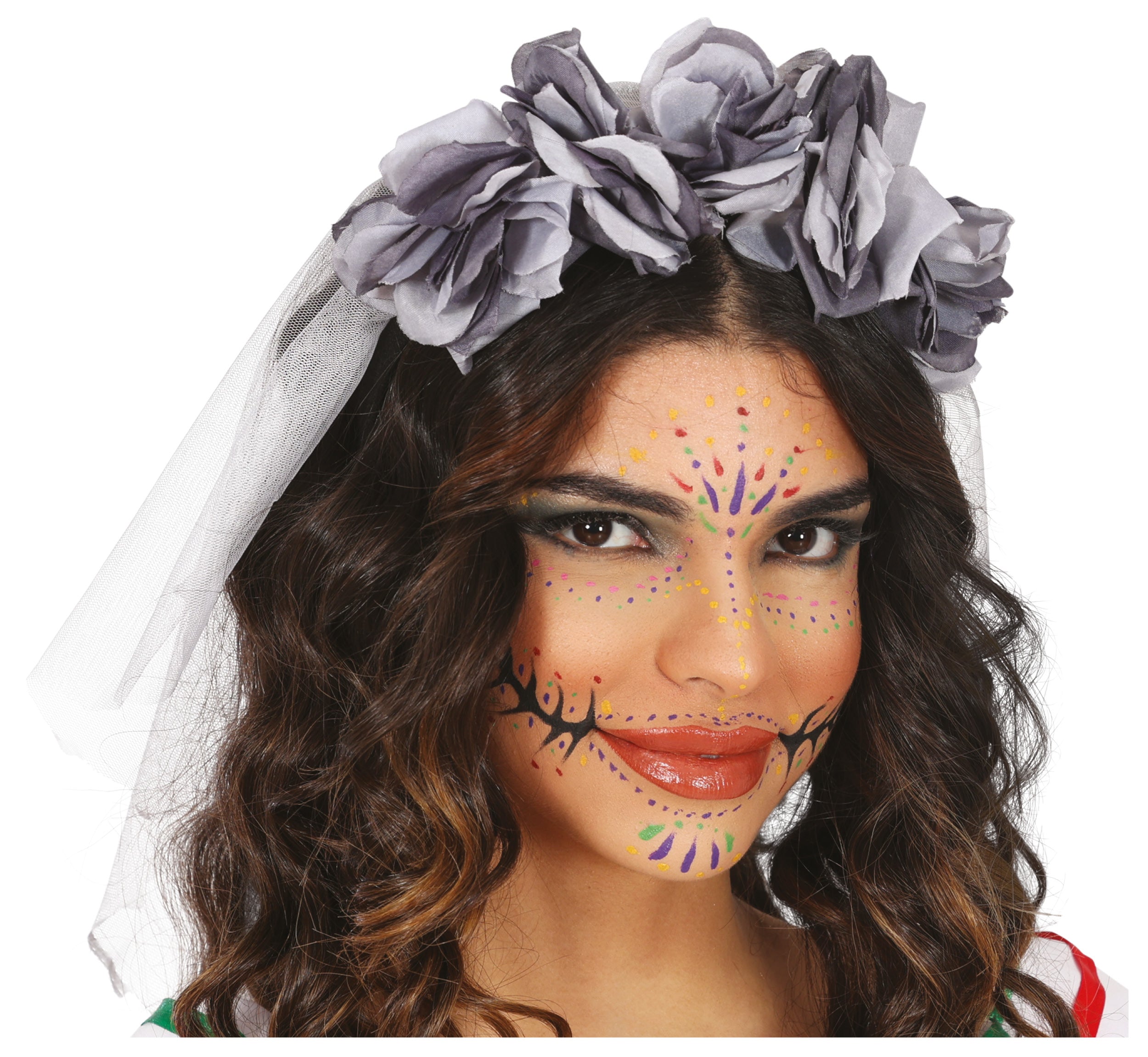 HEADBAND WITH VEIL AND GREY FLOWERS