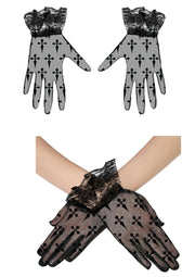 LACE FABRIC GLOVES CROSSES BLACK 22 CM