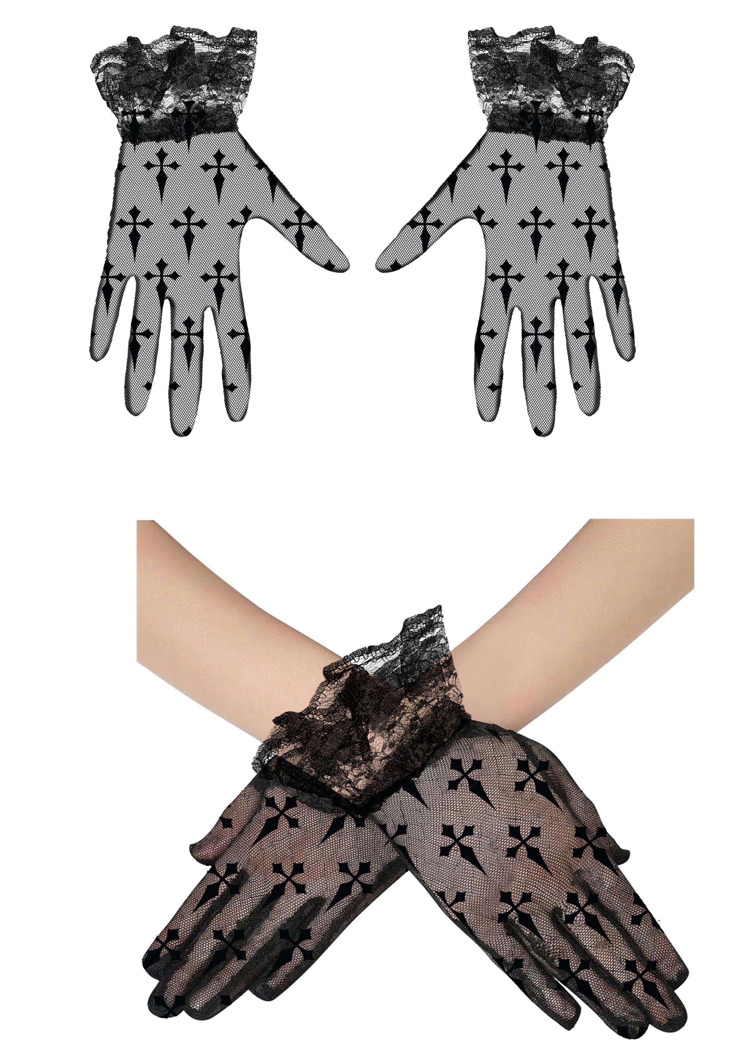 LACE FABRIC GLOVES CROSSES BLACK 22 CM