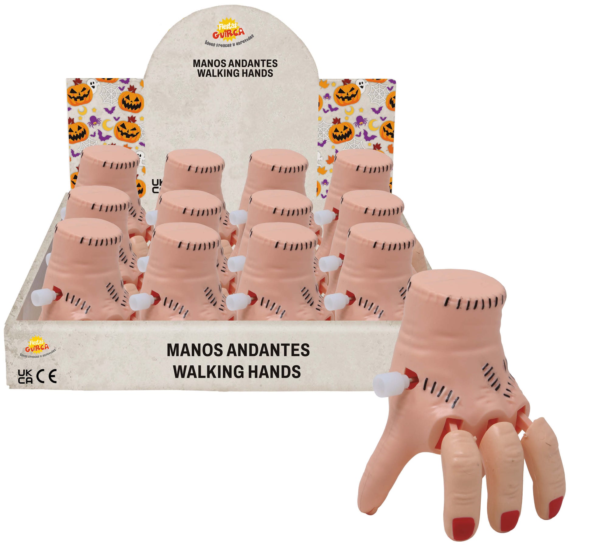 BOX OF 12 WIND-UP WALKING HANDS, 8 CM