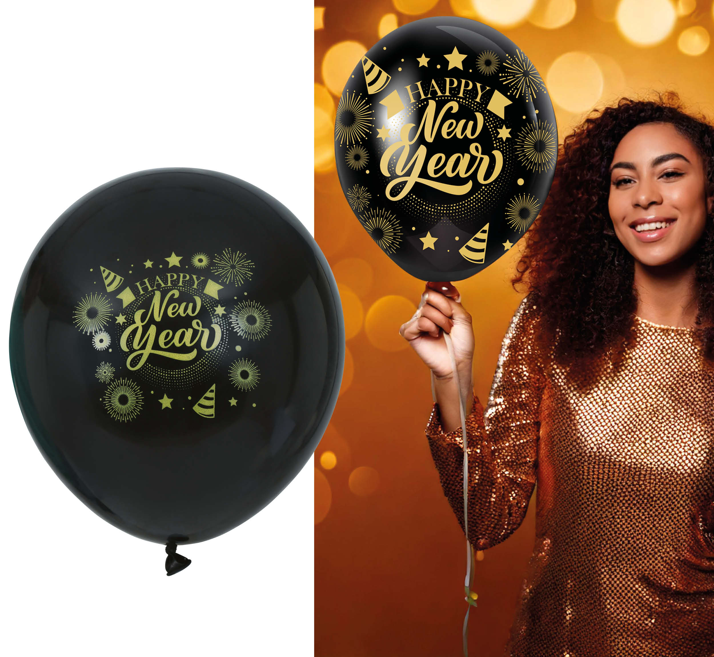 BAG 10 BLACK HAPPY NEW YEAR BALLOONS
