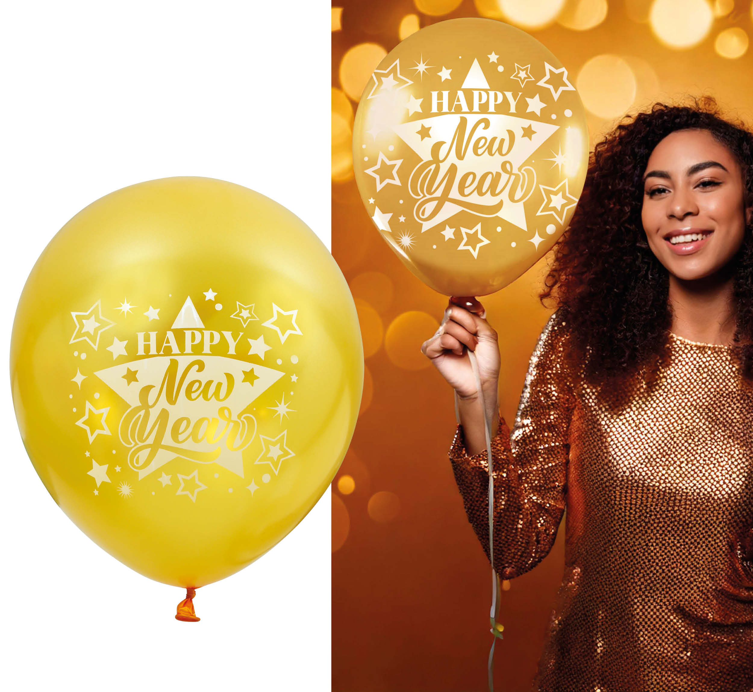 BAG OF 10 GOLD HAPPY NEW YEAR BALLOONS