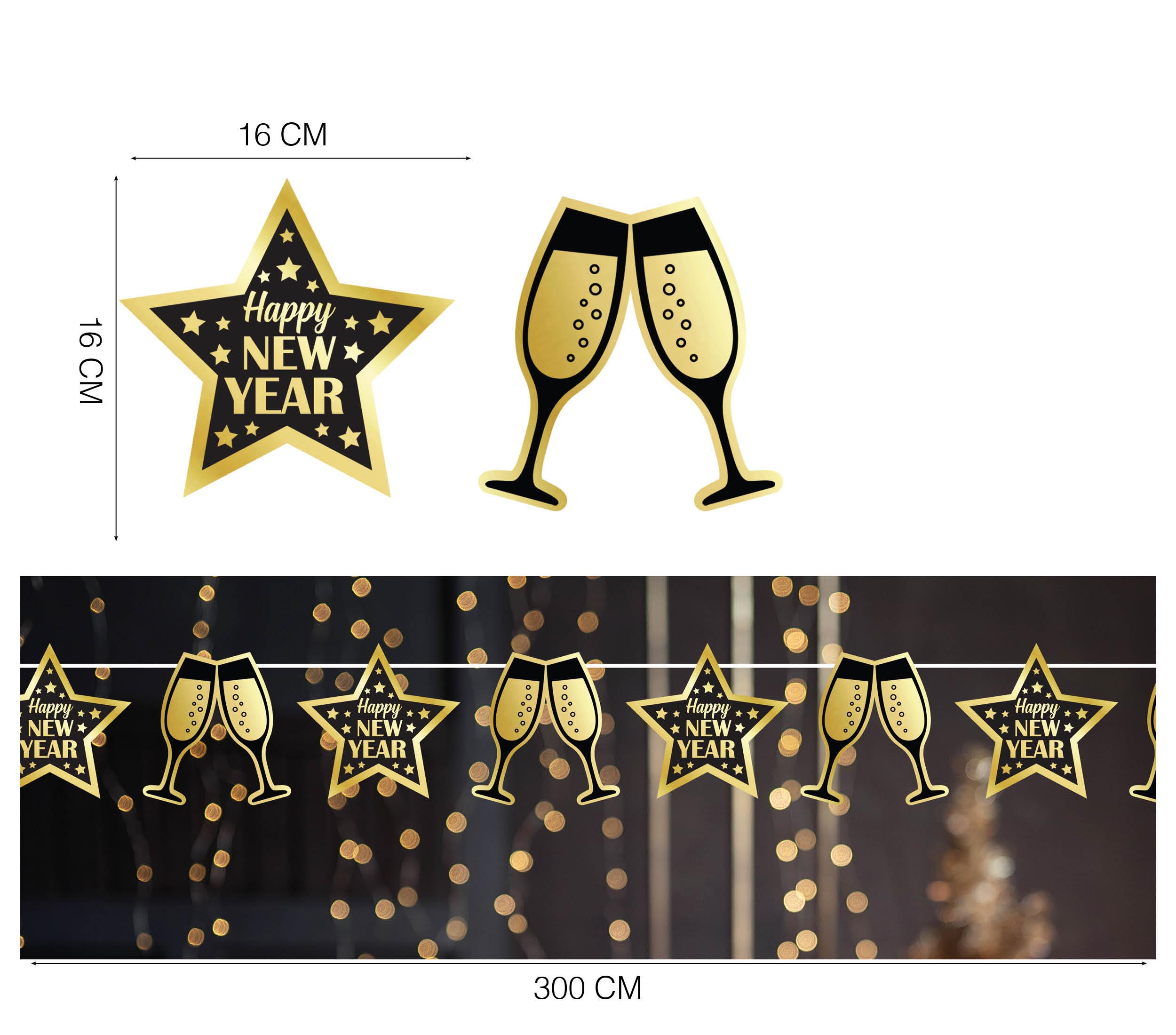 HAPPY NEW YEAR GARLAND, 300 CM, 16X16 CM
