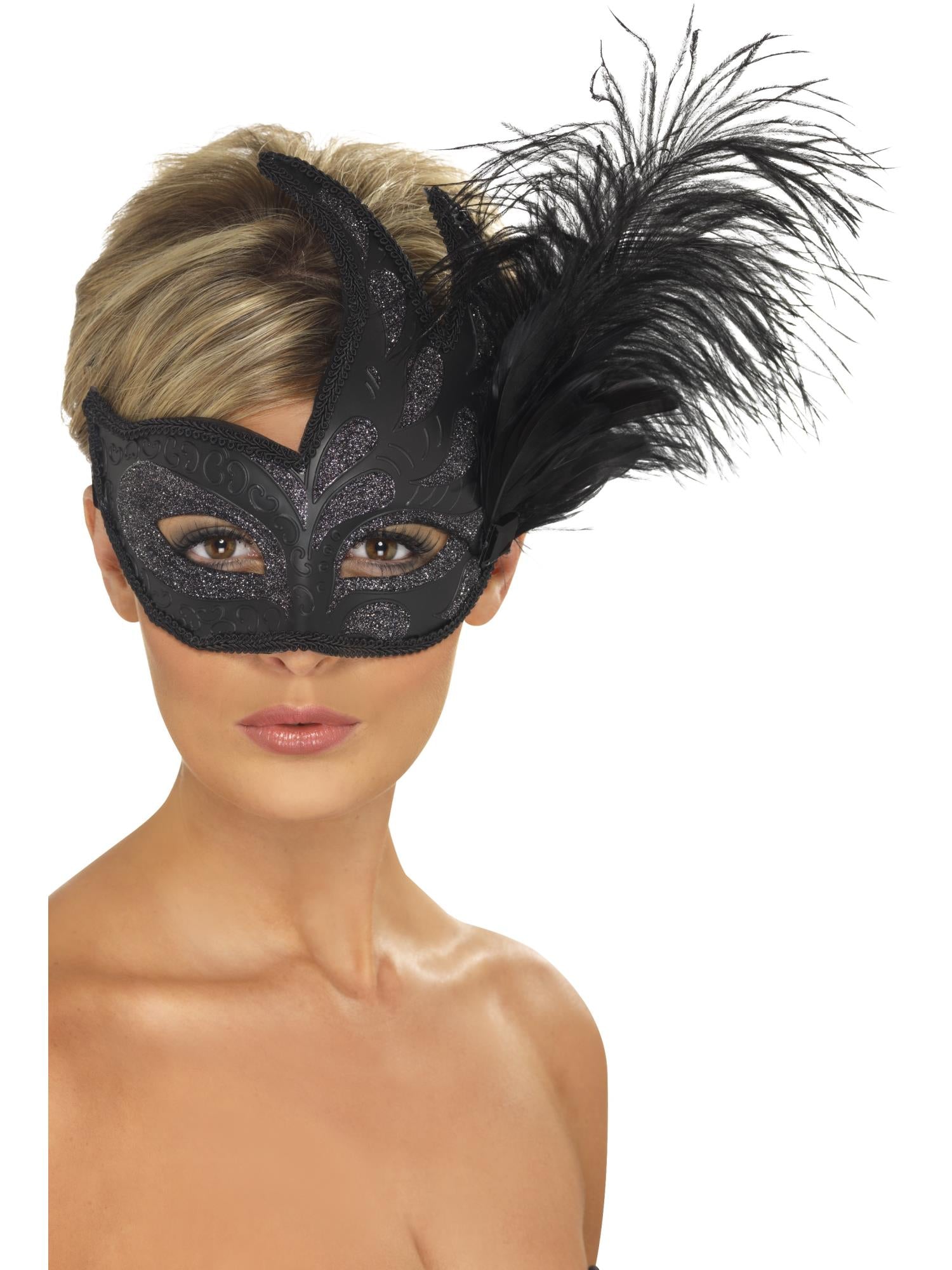 Ornate Colombina Feather Mask, Black 1