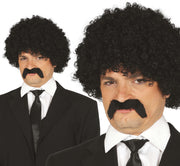 BLACK CURLY WIG WITH MOUSTACHE IN BOX