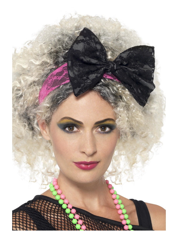80s Lace Headband, Black & Pink - 2