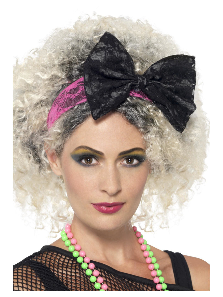 80s Lace Headband, Black & Pink - 1