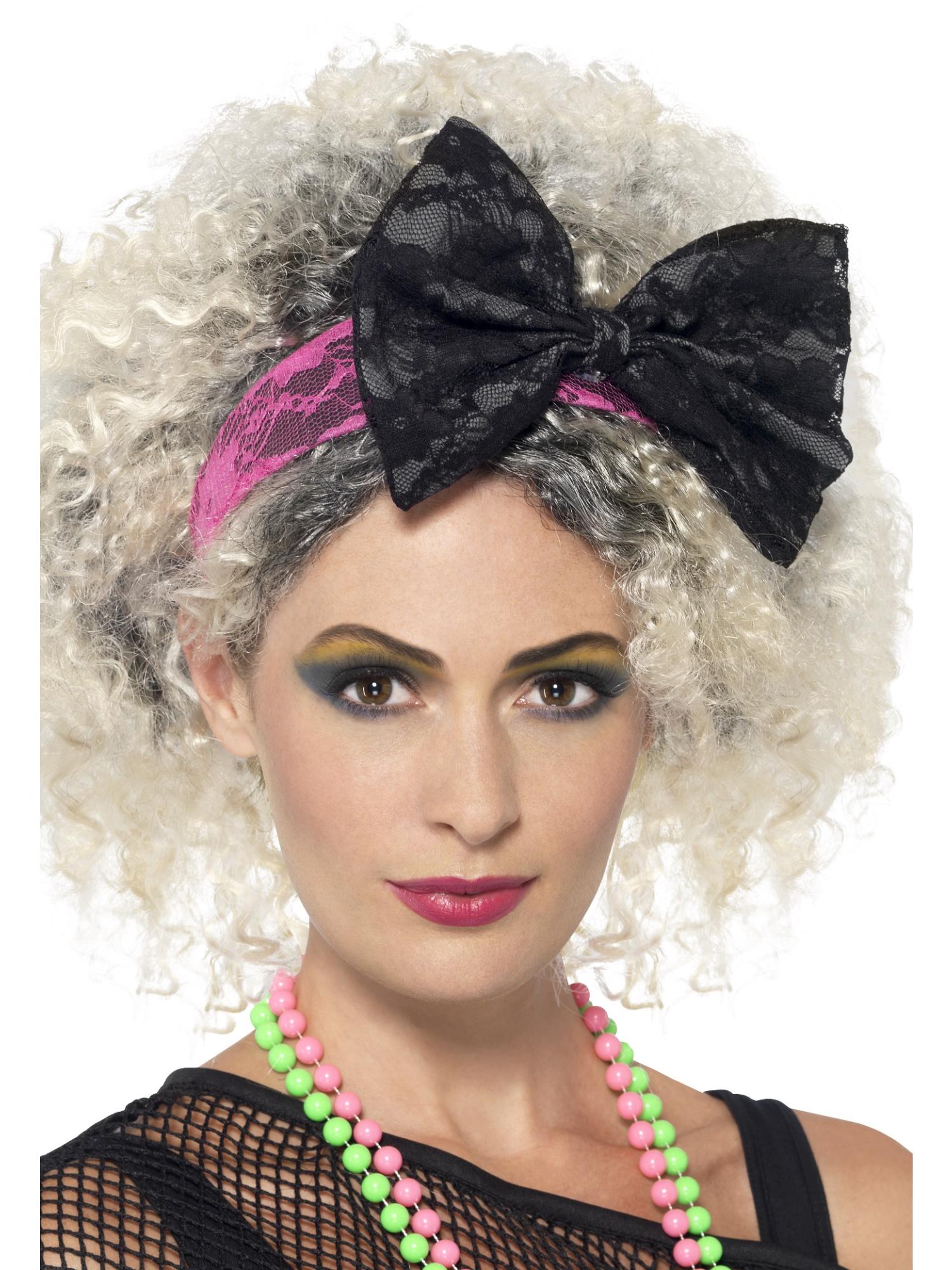 80s Lace Headband, Black & Pink 1