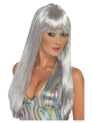 Glitter Disco Wig, Silver - 1