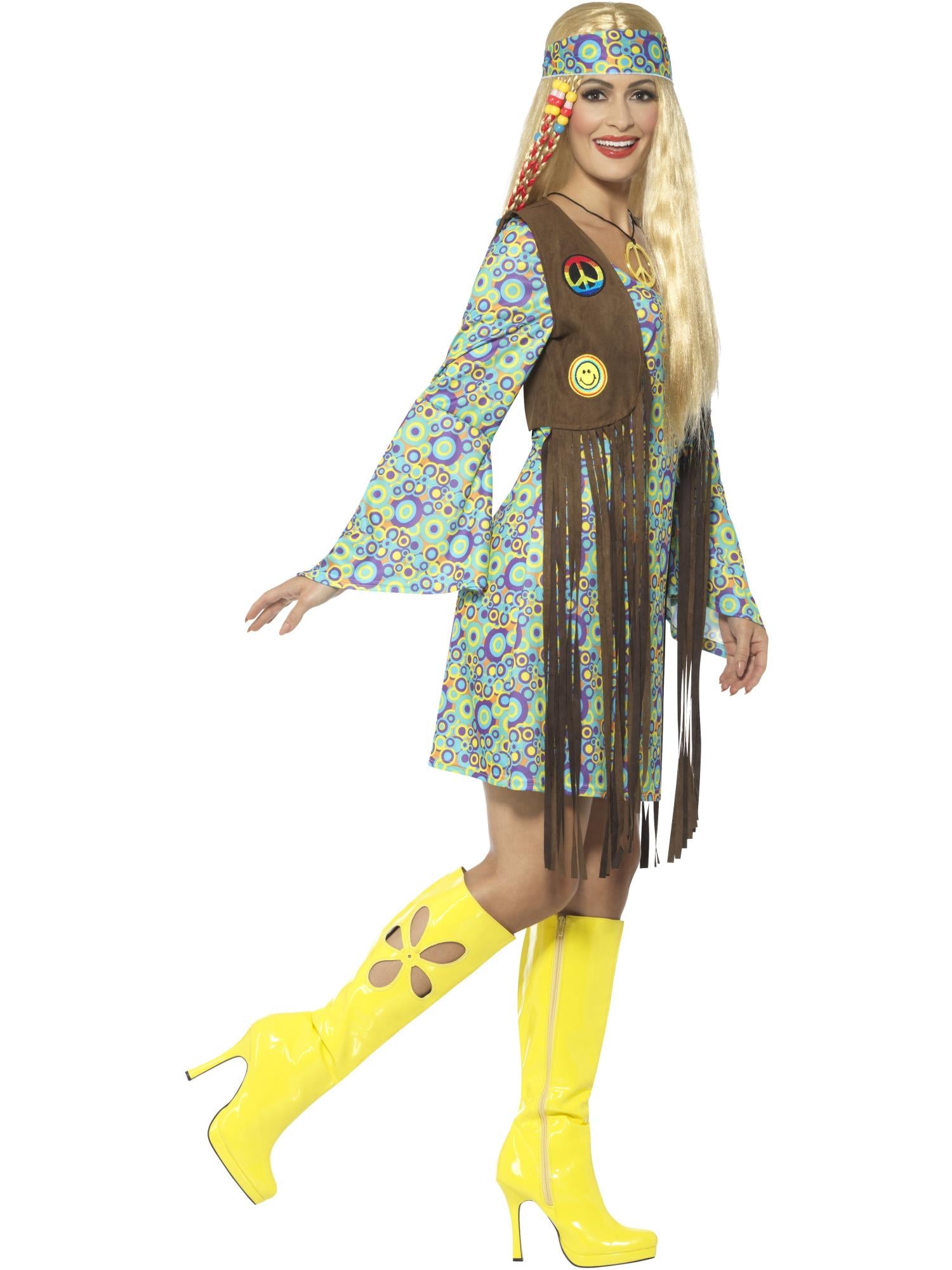 60s Hippie Chick Costume, with Dress, Multi-Colour 3