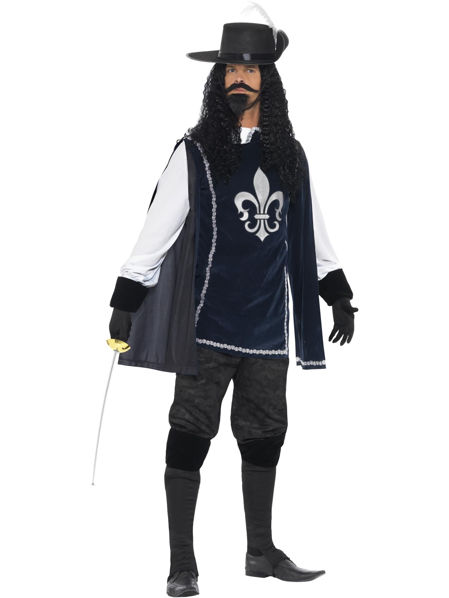 Musketeer Male Costume, with Top, Hat, Navy 1