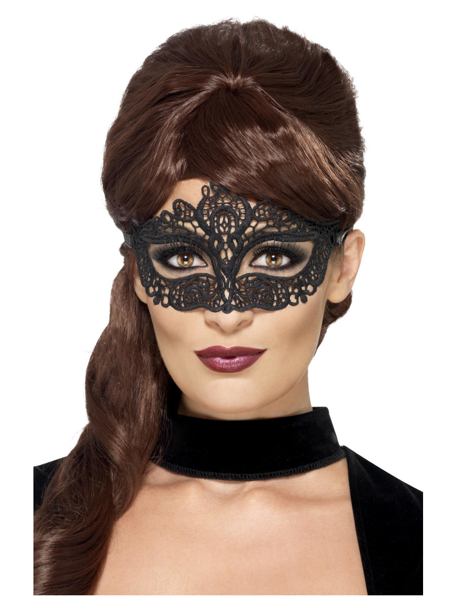 Embroidered Lace Filigree Eyemask, Black - 1