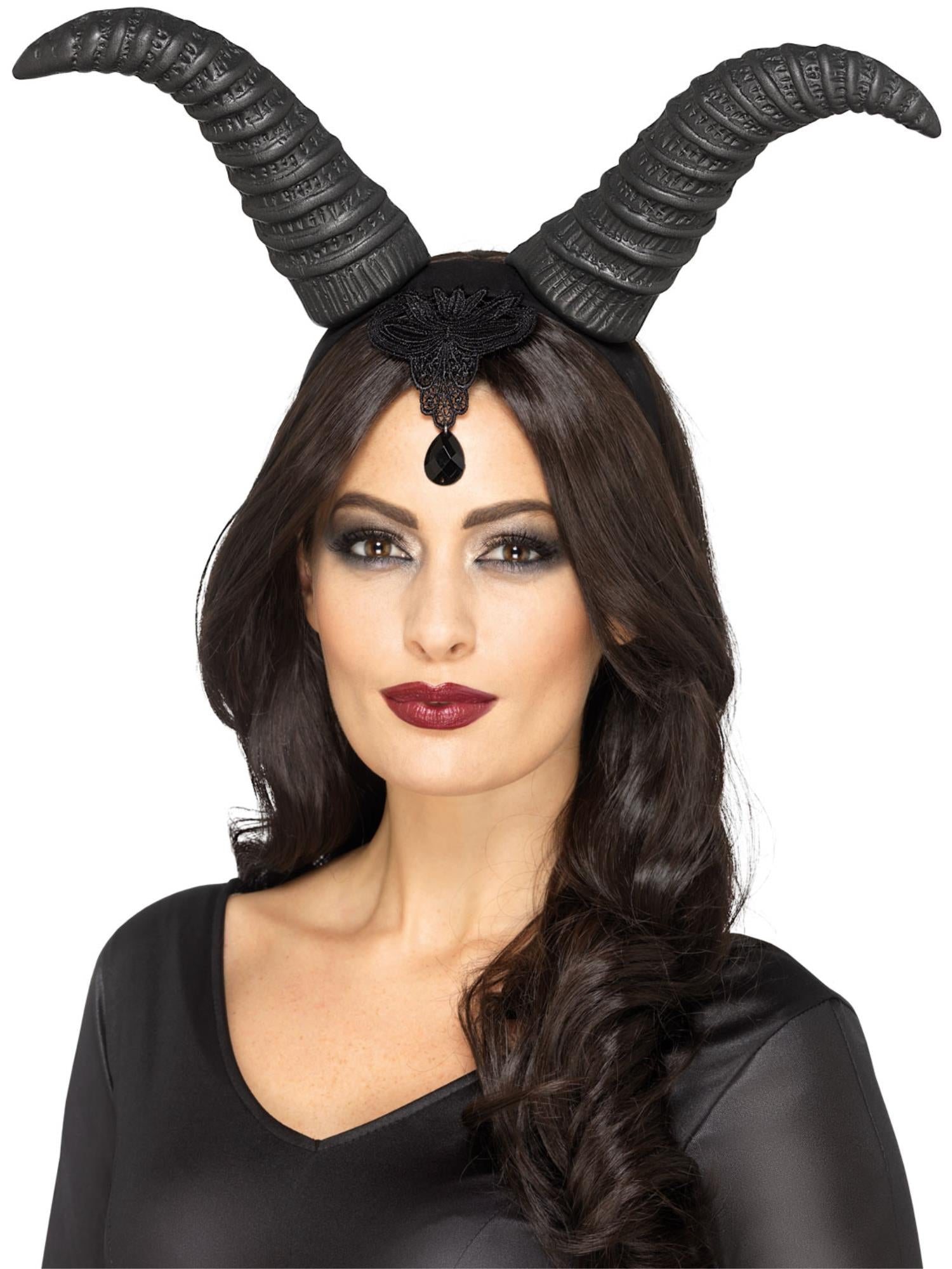 Demonic Queen Horns, on Headband, Black 1