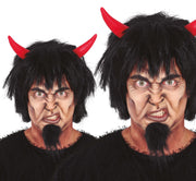 DEVIL BLACK WIG WITH RED HORNS, IN BOX