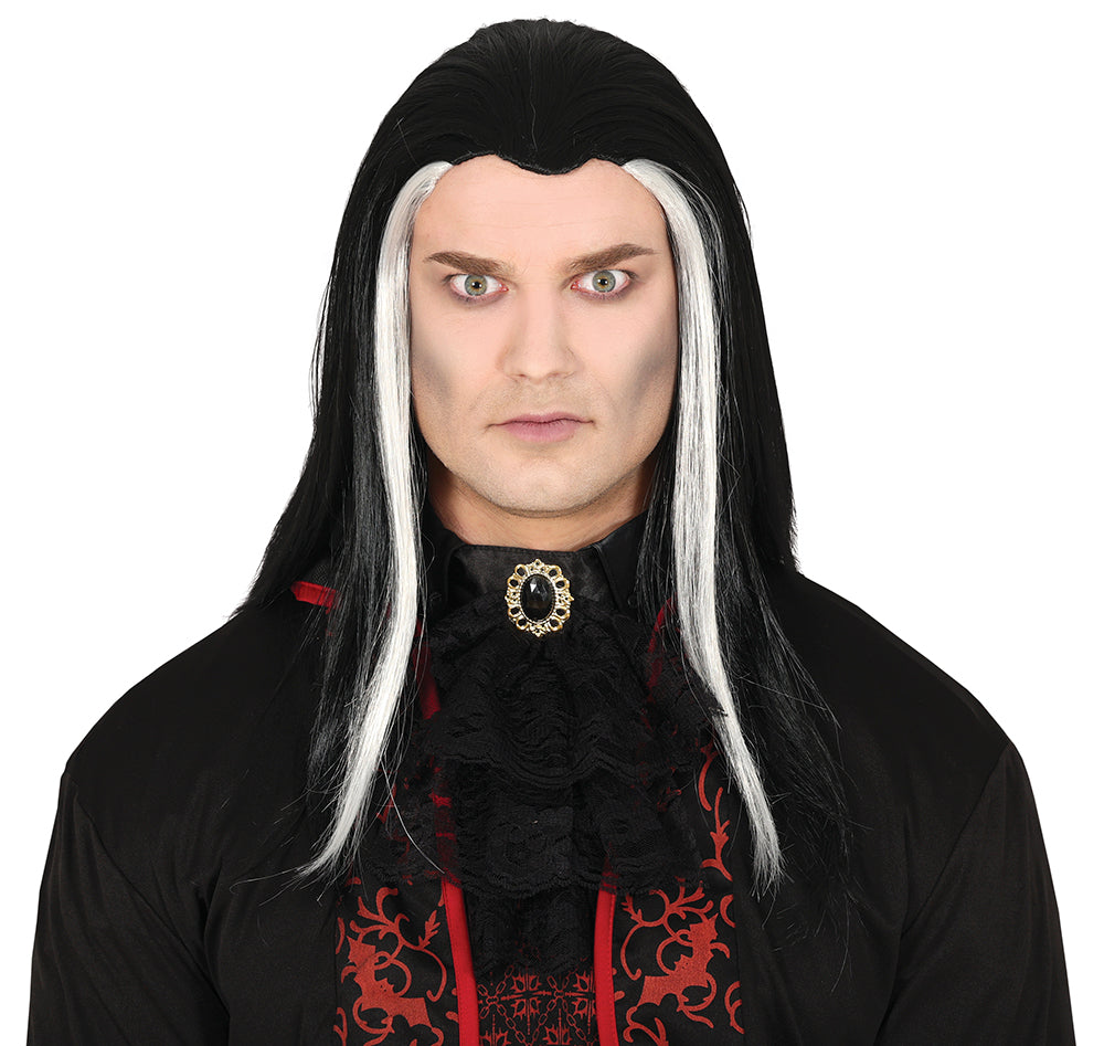 LONG BLACK VAMPIRE WIG WITH WHITE STREAKS, IN BOX