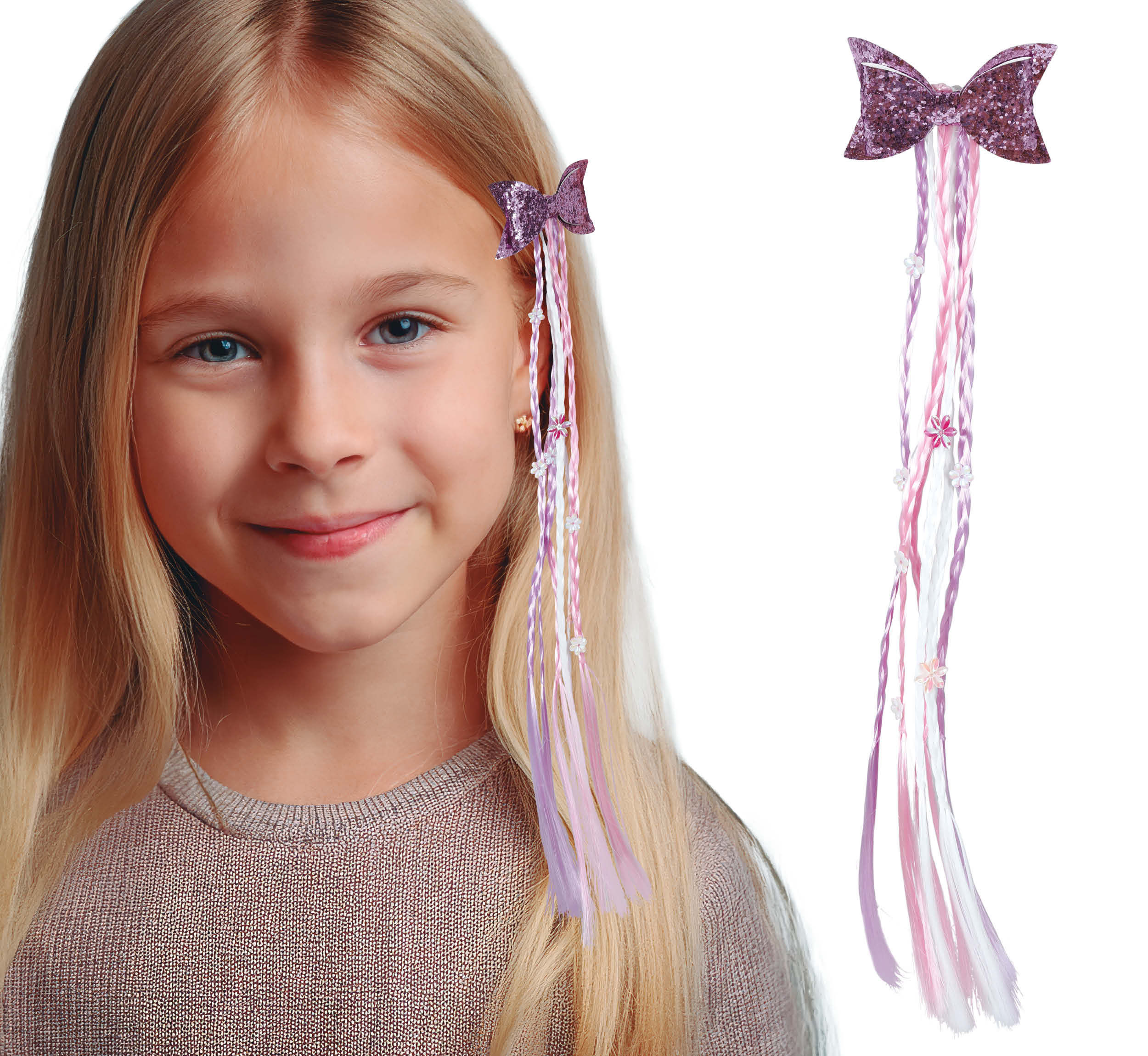LILAC/PINK BRAIDED HAIR EXTENSION WITH BOW 30 CM