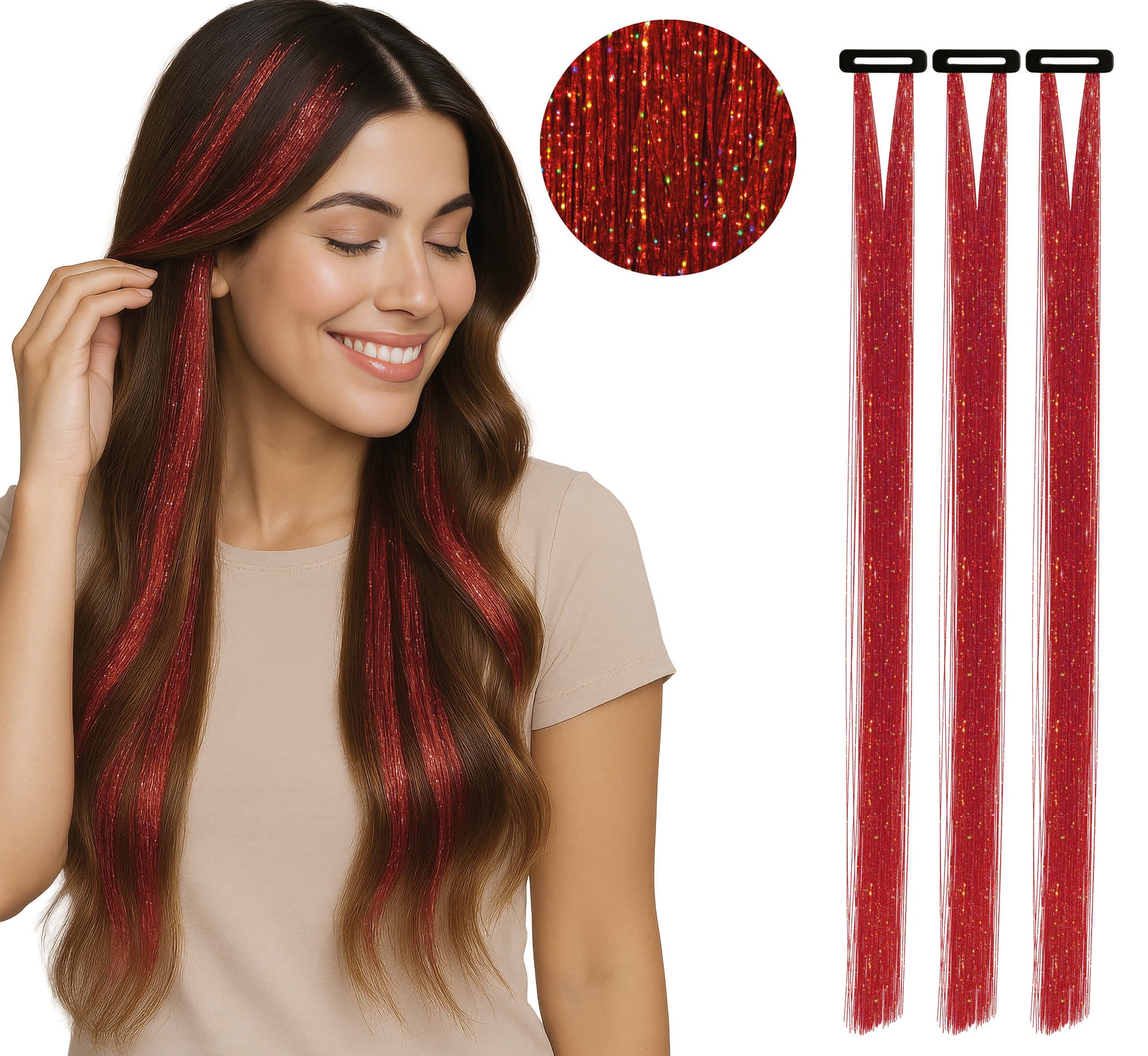 3 TINSEL HAIR EXTENSIONS 50 CM