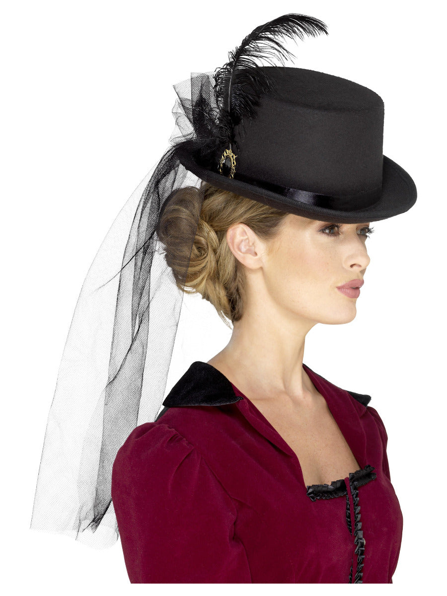 Deluxe Ladies Victorian Top Hat, with Elastic, Bla - 1
