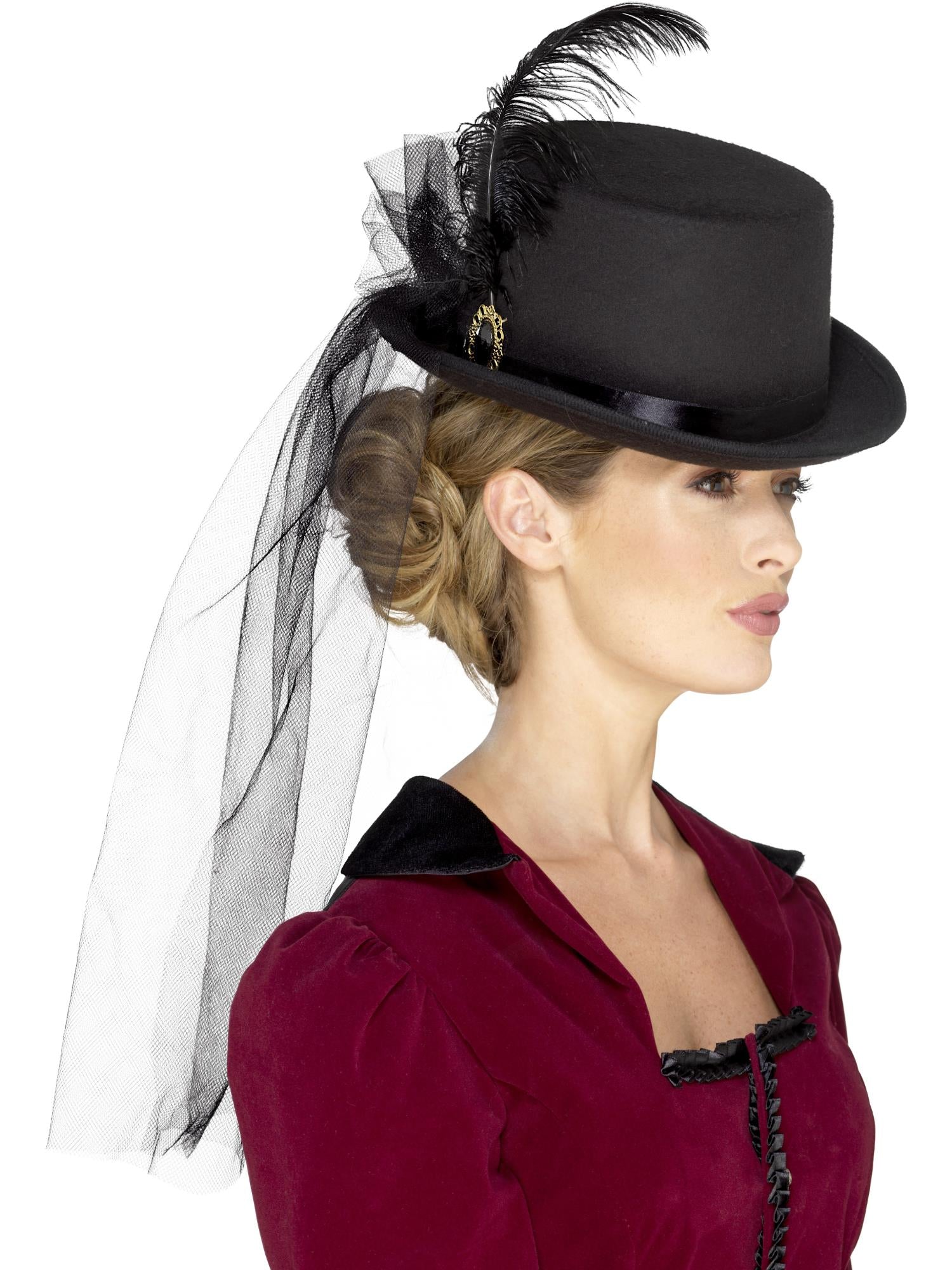 Deluxe Ladies Victorian Top Hat, with Elastic, Bla 1