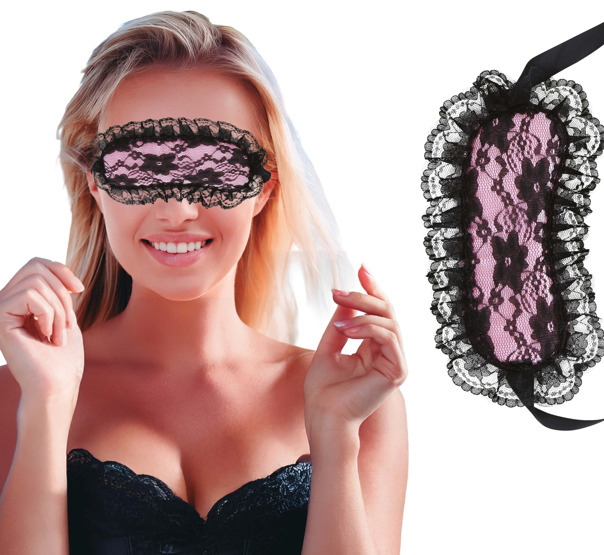 PINK MASK WITH BLACK LACE