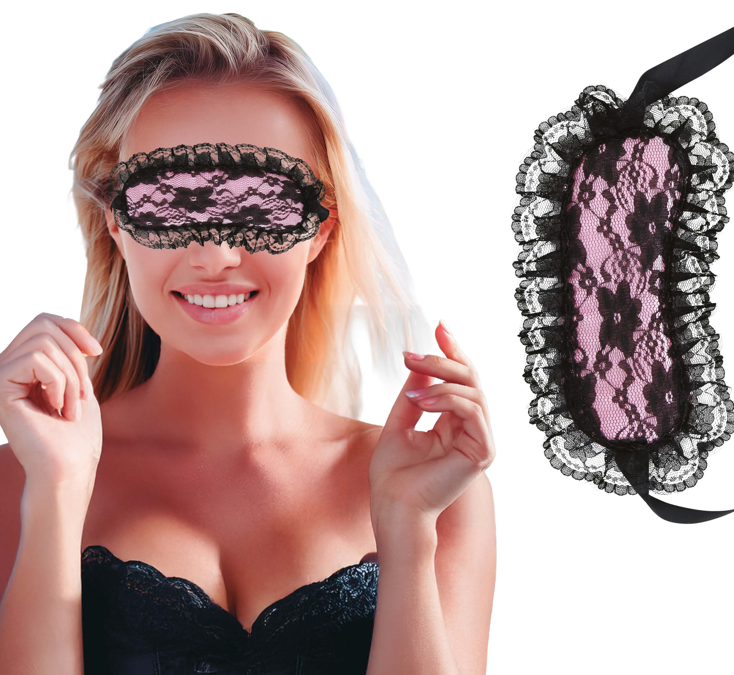 PINK MASK WITH BLACK LACE