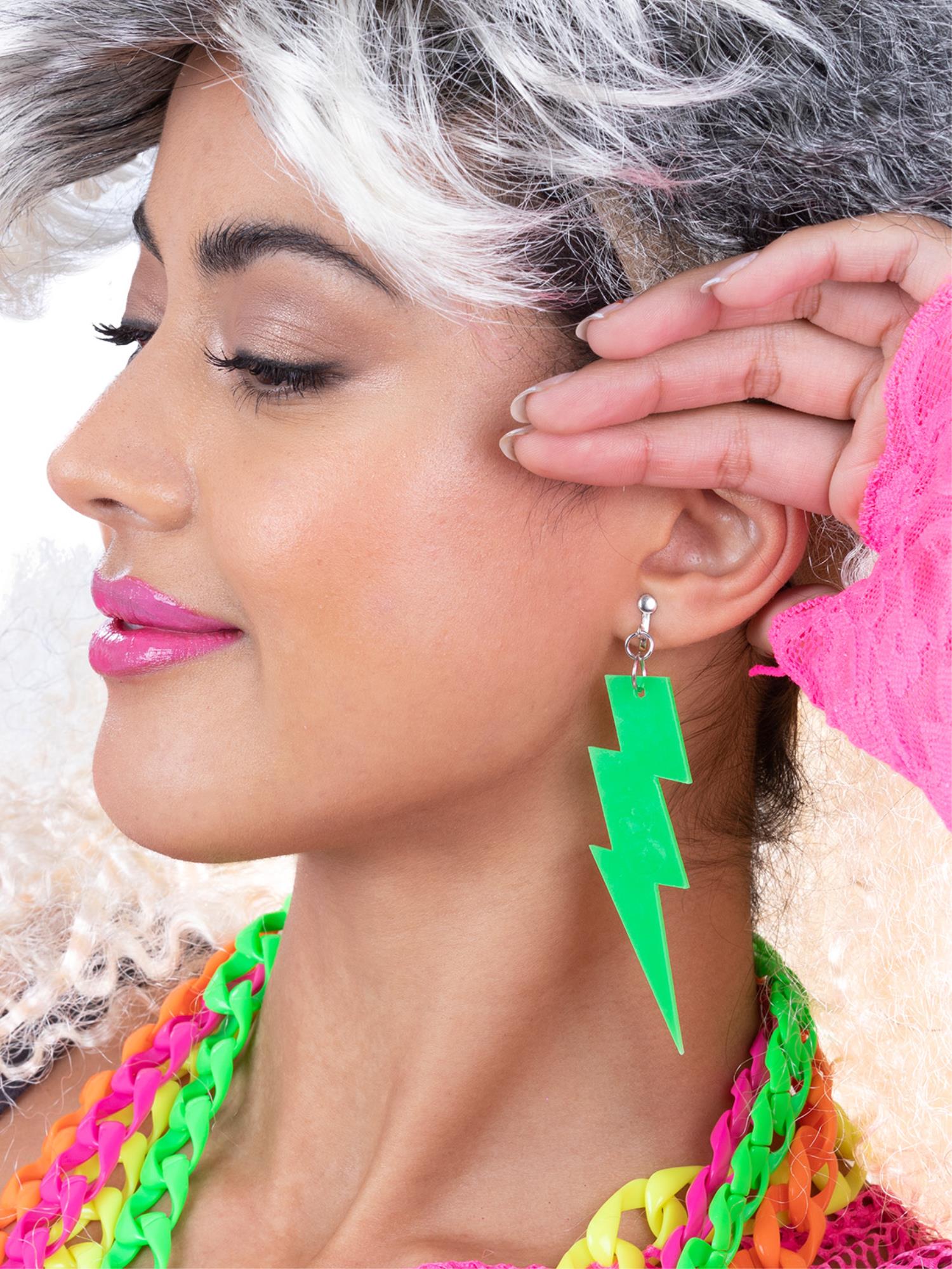 80s Neon Lightning Bolt Earrings, Green 1