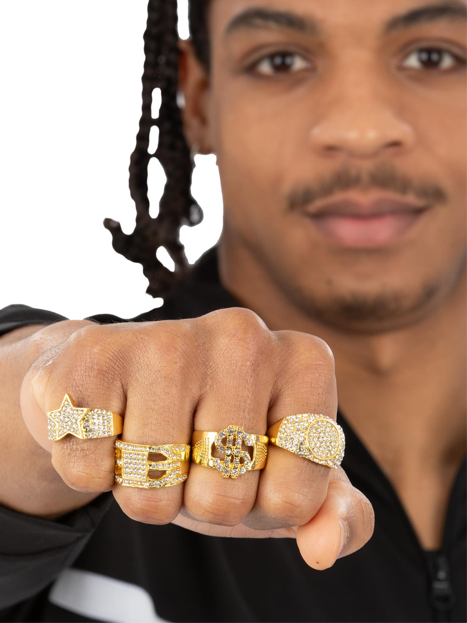 90s Gold & Diamond Bling Rings, 4Pk 1