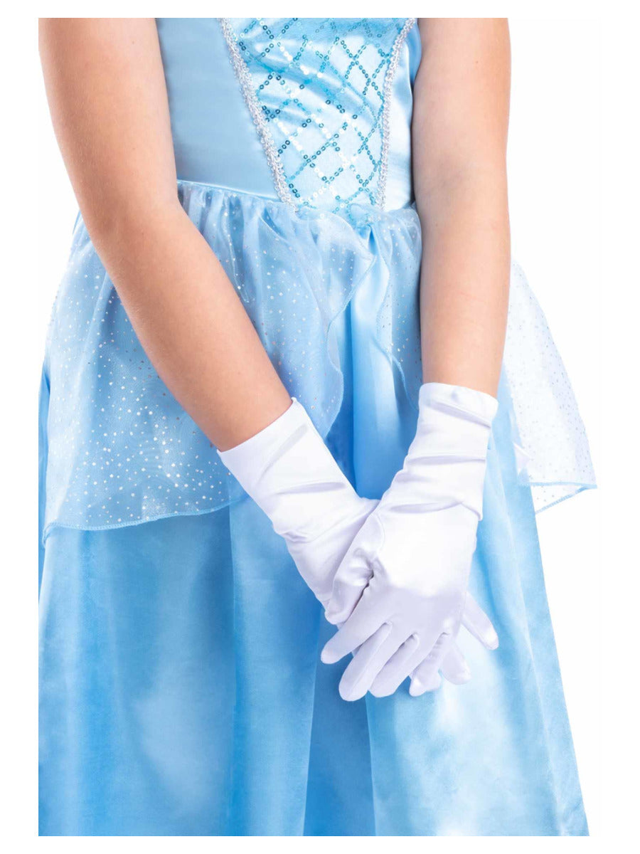 Girls White Satin Princess Gloves, One Size - 3