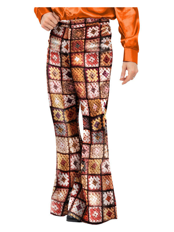 Mens 60s Vintage Crochet Print Flared Trousers - 2