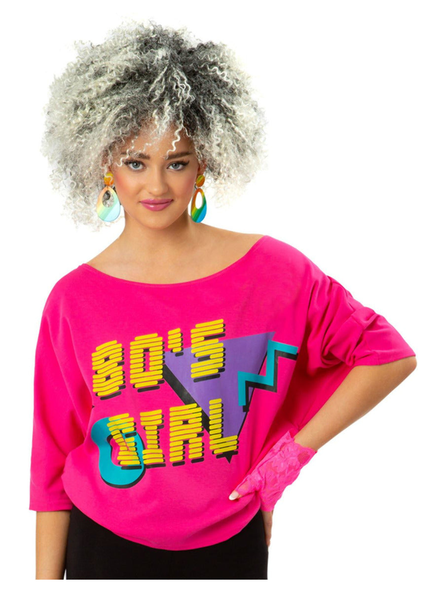 80s Girl Bat Wing T-Shirt, Neon Pink, Printed - 1