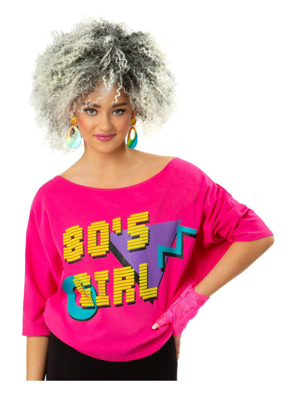 80s Girl Bat Wing T-Shirt, Neon Pink, Printed - 2