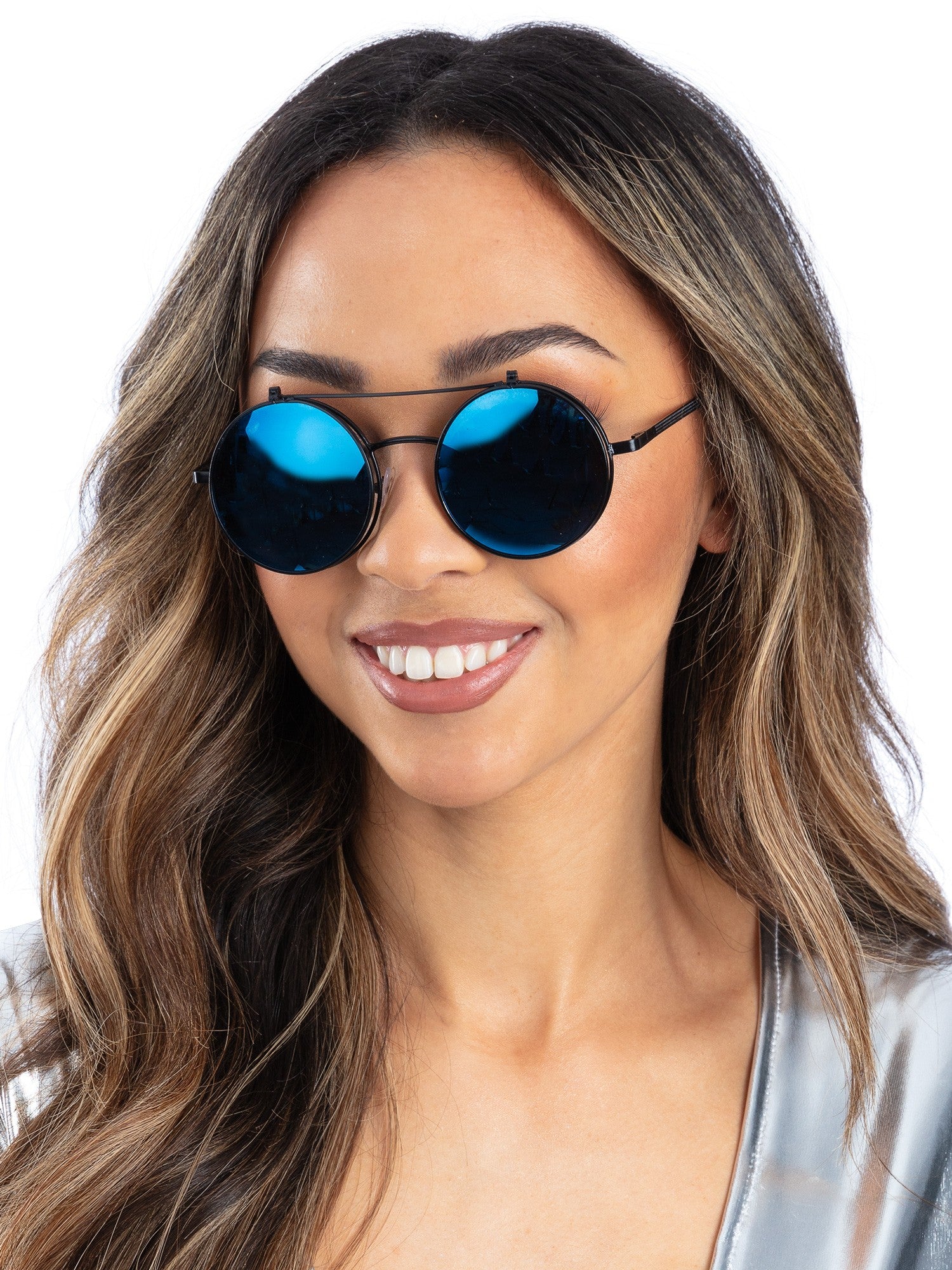 Metallic Blue Flip Up Mirrored Round Specs 1
