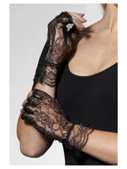 Fingerless Lace Gloves, Black - 1