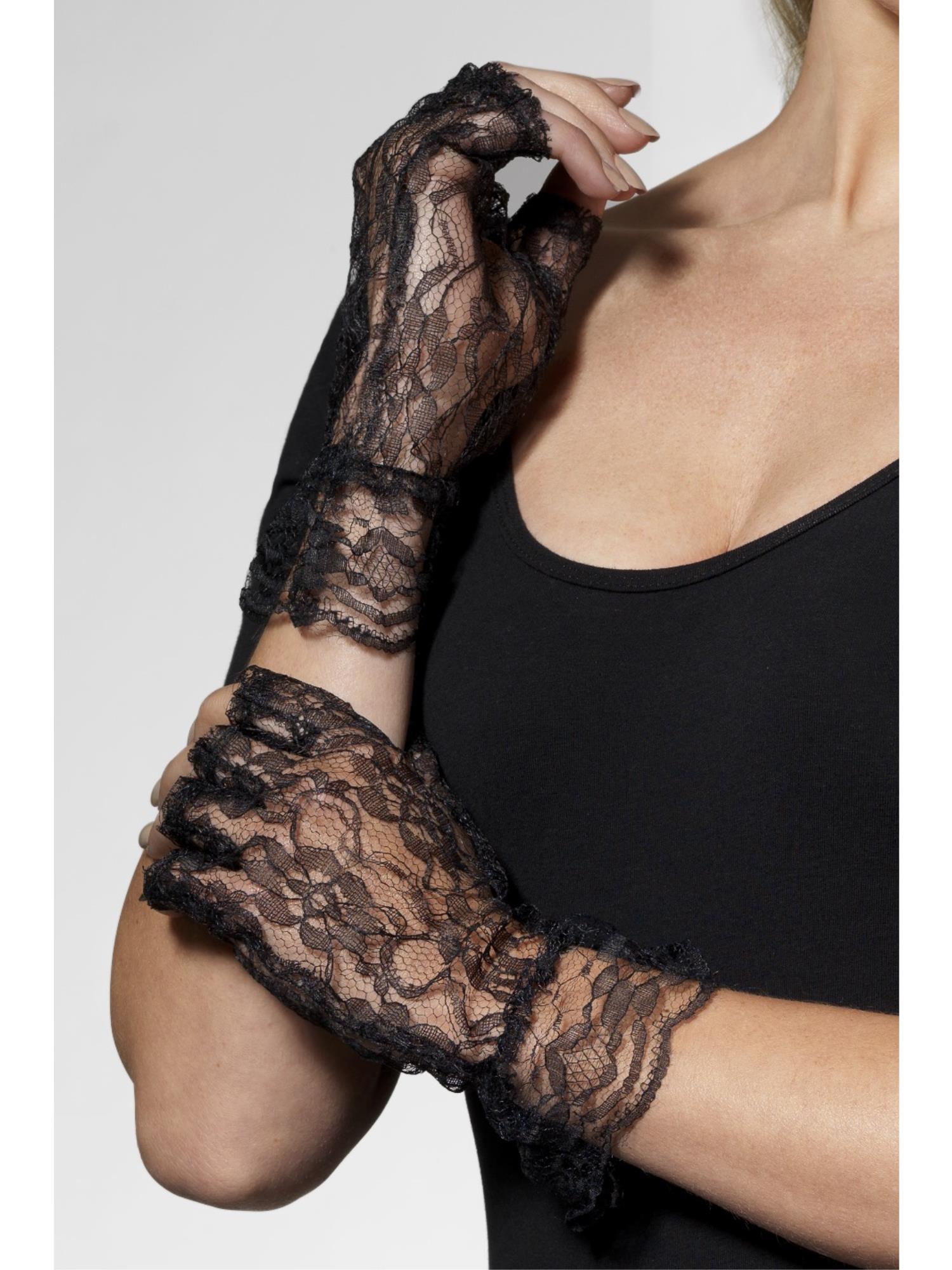 Fingerless Lace Gloves, Black 1