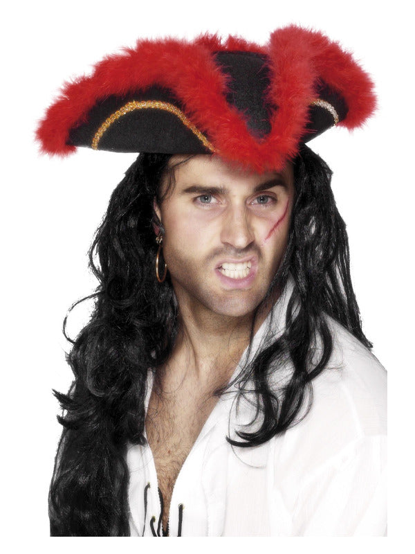 Pirate Tricorn Hat, Red Feather, Black - 2