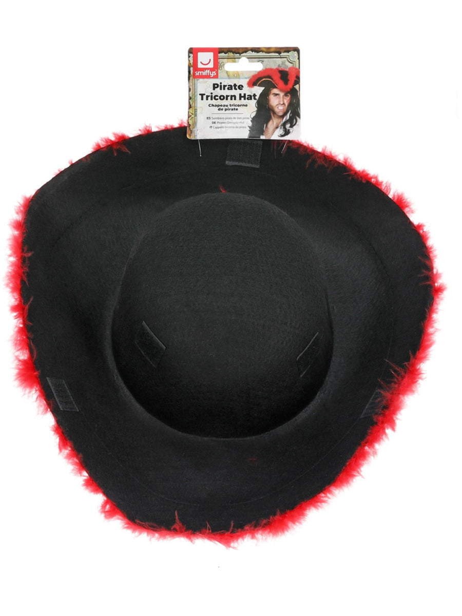 Pirate Tricorn Hat, Red Feather, Black - 3