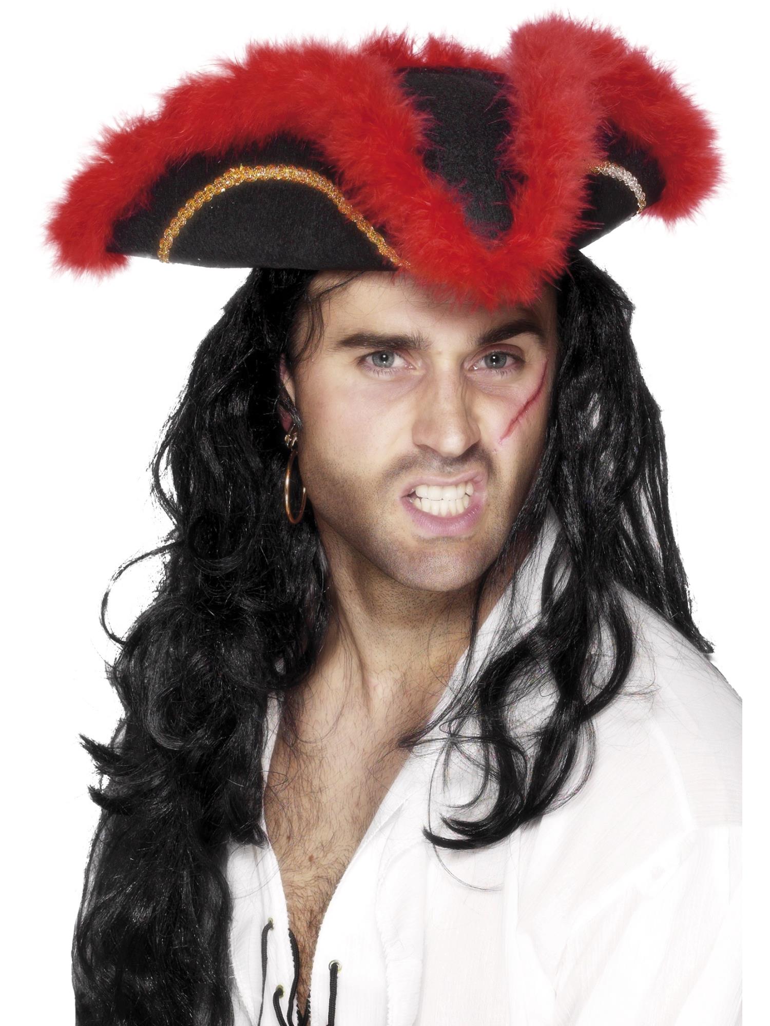 Pirate Tricorn Hat, Red Feather, Black 1