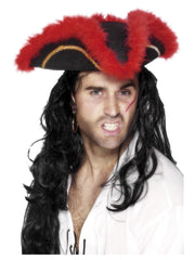 Pirate Tricorn Hat, Red Feather, Black - 1
