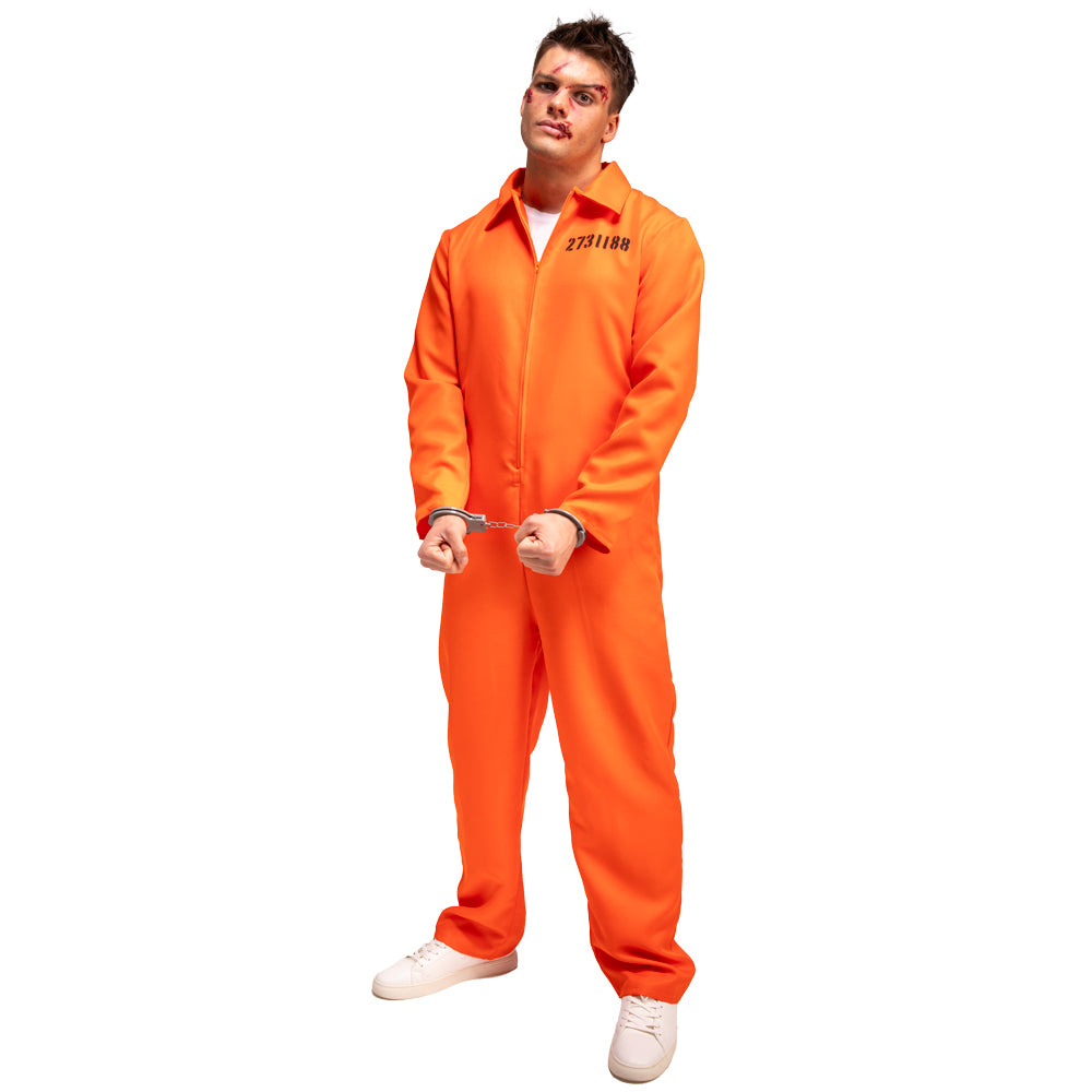Orange Convict Costume with Hand Cuffs & I.D Board