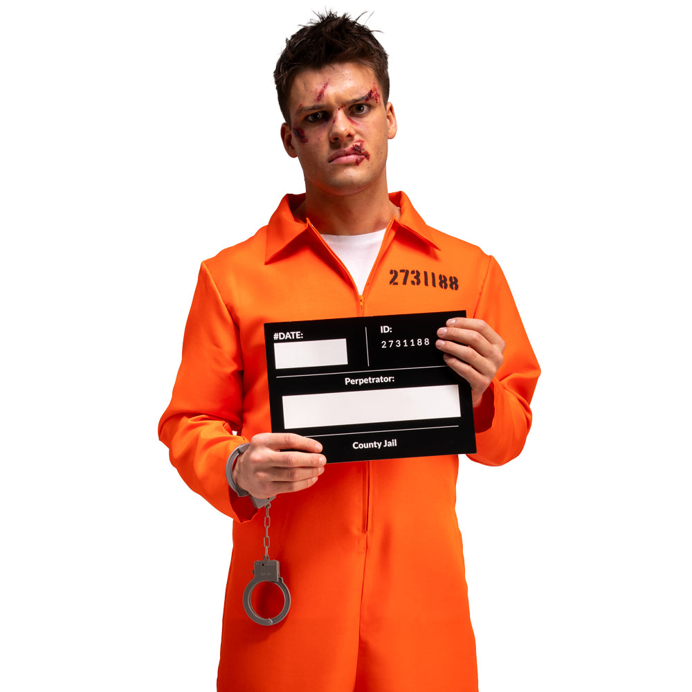 Orange Convict Costume with Hand Cuffs & I.D Board